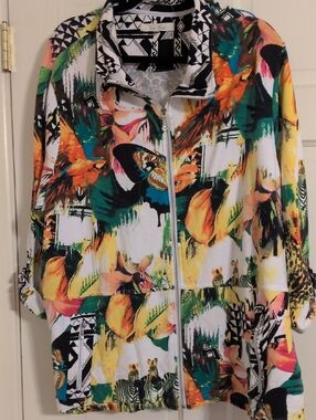 Onque Woman Vibrant Tropical Bird & Floral Bomber Jacket